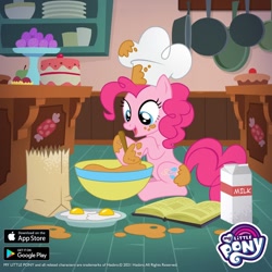 Size: 1080x1080 | Tagged: safe, gameloft, pinkie pie, earth pony, pony, g4, my little pony: magic princess, batter, book, bowl, cake, chef's hat, egg, food, hat, indoors, kitchen, milk, milk carton, mixing bowl, solo, sugarcube corner