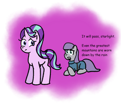 Size: 1492x1269 | Tagged: safe, artist:zoeyhorse, maud pie, starlight glimmer, earth pony, pony, unicorn, g4, crossed hooves, dialogue, duo, duo female, female, frown, horn, lying down, mare, partially transparent background, positive message, positive ponies, prone, sad, simple background, standing, transparent background