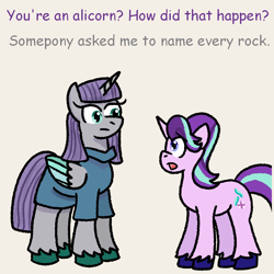 Size: 1000x1000 | Tagged: safe, artist:zoeyhorse, maud pie, starlight glimmer, alicorn, pony, unicorn, g4, alicornified, beige background, colored wings, colored wingtips, dialogue, duo, duo female, female, height difference, horn, lesbian, mare, maudicorn, open mouth, race swap, shipping, simple background, starmaud, unshorn fetlocks, wings