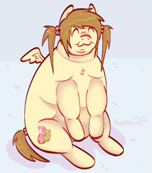 Size: 715x812 | Tagged: safe, artist:poopslug, oc, oc only, oc:pastry noms, pegasus, pony, :3, eyes closed, fat, fat fetish, fetish, pigtails, sitting, smiling, solo