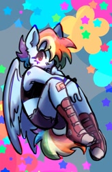 Size: 1341x2048 | Tagged: safe, artist:xxangelgutzxx, rainbow dash, pegasus, anthro, plantigrade anthro, g4, bandaid, boots, clothes, cute, dashabetes, female, looking at you, midriff, partially open wings, shirt, shoes, shorts, solo, stars, tail, wings