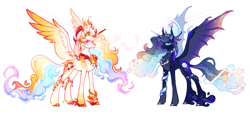 Size: 5500x2500 | Tagged: safe, artist:qpnnn, princess celestia, princess luna, alicorn, pony, g4, alternate design, concave belly, duo, duo female, female, jewelry, mare, regalia, royal sisters, siblings, simple background, sisters, slender, spread wings, tall, thin, white background, wings