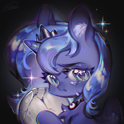 Size: 1500x1500 | Tagged: safe, artist:flesh, princess luna, alicorn, pony, g4, :t, ball, black background, broken, chest fluff, chromatic aberration, crown, crying, cute, female, filly, filly luna, foal, gradient background, holding, jewelry, looking at you, lunabetes, regalia, s1 luna, signature, solo, sparkles, upper body, woona, younger