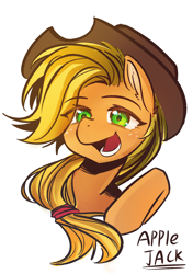 Size: 1482x2107 | Tagged: safe, artist:89987259, applejack, earth pony, pony, g4, :d, bust, female, hat, mare, open mouth, open smile, simple background, smiling, solo, text, white background