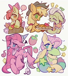 Size: 3300x3700 | Tagged: safe, artist:yanyannonoz, apple bloom, applejack, fluttershy, granny smith, pinkie pie, scootaloo, sweetie belle, earth pony, pegasus, pony, unicorn, g4, :d, apple, blush sticker, blushing, bow, cutie mark crusaders, female, food, hair bow, hat, horn, mare, neckerchief, open mouth, open smile, party hat, party horn, pie, pillow, pinkamena diane pie, simple background, smiling, speech bubble, unshorn fetlocks, white background