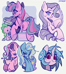 Size: 3300x3700 | Tagged: safe, artist:yanyannonoz, dj pon-3, rarity, spike, starlight glimmer, trixie, twilight sparkle, vinyl scratch, alicorn, dragon, pony, unicorn, g4, :d, blush sticker, blushing, book, chibi, cup, female, headphones, horn, magic, mare, mirror, open mouth, open smile, simple background, smiling, teacup, telekinesis, twilight sparkle (alicorn), white background