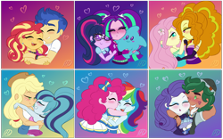 Size: 5033x3136 | Tagged: safe, artist:purfectprincessgirl, adagio dazzle, applejack, aria blaze, flash sentry, fluttershy, pinkie pie, rainbow dash, rarity, sci-twi, sonata dusk, sunset shimmer, timber spruce, twilight sparkle, human, equestria girls, g4, blushing, cheek kiss, crack shipping, female, gradient background, grin, hug, humane five, humane seven, humane six, kiss mark, kissing, lesbian, lipstick, looking at each other, looking at someone, male, open mouth, open smile, plushie, sharp teeth, ship:flashimmer, ship:pinkiedash, shipping, shyagio, smiling, smiling at each other, sonatajack, sparkleblaze, straight, teeth, the dazzlings, timberity, tsundere