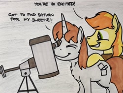 Size: 2048x1551 | Tagged: safe, artist:hoofclid, braeburn, oc, oc:hoofclid, earth pony, pony, unicorn, g4, canon x oc, chest fluff, duo, duo male, gay, hatless, horn, male, marker drawing, missing accessory, one eye closed, shipping, smiling, stallion, telescope, traditional art