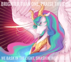 Size: 4000x3500 | Tagged: safe, artist:flesh, princess celestia, alicorn, pony, g4, bust, female, gradient background, jewelry, mare, portrait, red background, regalia, solo, spread wings, sunburst background, text, wings