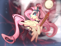 Size: 4000x3000 | Tagged: safe, artist:flesh, fluttershy, pegasus, pony, g4, baseball bat, blood, butterfly hairpin, clothes, female, garter belt, gradient background, lingerie, looking at you, mare, moon, nail bat, nails, night, socks, solo, thigh highs, two toned mane