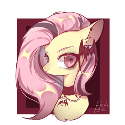 Size: 2000x2000 | Tagged: safe, artist:flesh, fluttershy, bat pony, pony, g4, bat hairclip, bat ponified, bust, choker, chokershy, cross, cross necklace, female, flutterbat, jewelry, mare, necklace, passepartout, portrait, race swap, smiling, solo, text, two toned mane