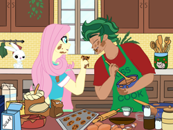 Size: 4000x3000 | Tagged: safe, artist:alkabiadiz, angel bunny, fluttershy, timber spruce, human, equestria girls, g4, apron, baking sheet, bowl, chocolate chip cookie, clothes, cookie, cookie dough, duo focus, egg (food), egg beater, female, flour, food, fork, indoors, kitchen, looking at each other, looking at someone, male, milk, mixing bowl, rolling pin, shipping, smiling, smiling at each other, spoon, straight, sugar (food), timbershy, trio, window