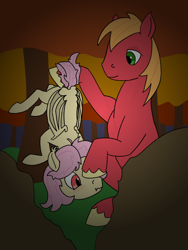 Size: 1440x1920 | Tagged: safe, artist:mannitenerisunt, derpibooru exclusive, big macintosh, fluttershy, bat pony, earth pony, pony, g4, autumn, autumn leaves, bat ponified, bat wings, batterscotch, blushing, boop, bush, butterscotch, cute, fangs, flutterbat, gay, half r63 shipping, hanging, holding a pony, leaves, male, night, orchard, outdoors, prehensile tail, race swap, rule 63, ship:buttermac, ship:fluttermac, shipping, sitting, size difference, slit pupils, sternocleidomastoid, tail, tree, unshorn fetlocks, upside down, vignette, wings