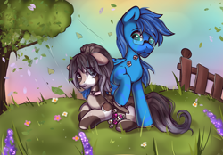 Size: 2360x1640 | Tagged: safe, artist:kristina, oc, oc only, pegasus, pony, commission, couple, cute, duo, fence, flower, leaves, outdoors, tree, ych result