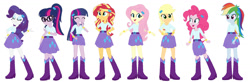 Size: 1560x512 | Tagged: safe, artist:noahishere18, applejack, fluttershy, pinkie pie, rainbow dash, rarity, sci-twi, sunset shimmer, twilight sparkle, human, equestria girls, g4, belt, boots, clothes, clothes swap, high heel boots, humane five, humane seven, humane six, shirt, shoes, simple background, skirt, twolight, white background