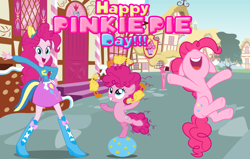 Size: 2124x1350 | Tagged: safe, artist:shieldwingarmorofgod, pinkie pie, earth pony, human, pony, equestria girls, g4, boots, clothes, female, filly, filly pinkie pie, foal, high heel boots, indoors, mare, pinkie pie day, screencap background, shirt, shoes, skirt, sugarcube corner, sweater, wondercolts uniform, younger