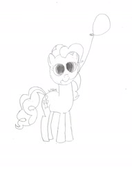 Size: 1648x2153 | Tagged: safe, artist:nate the pone, pinkie pie, earth pony, g4, balloon, big eyes, black and white, dilated pupils, grayscale, monochrome, signature, smiling, standing, traditional art