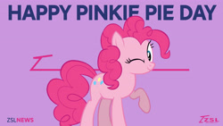 Size: 3840x2160 | Tagged: safe, artist:zslnews, pinkie pie, earth pony, g4, female, looking at you, one eye closed, pinkie pie day, purple background, raised hoof, simple background, solo, vector, wink, winking at you