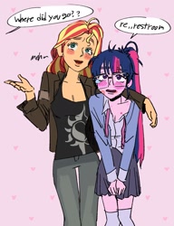 Size: 1383x1802 | Tagged: safe, artist:ridovax, sci-twi, sunset shimmer, twilight sparkle, human, equestria girls, g4, bags under eyes, clothes, cutie mark on clothes, dialogue, duo, duo female, female, glasses, implied kissing, kiss mark, kiss on the lips, lesbian, lipstick, open clothes, ship:sci-twishimmer, ship:sunsetsparkle, shipping