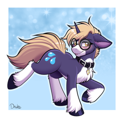 Size: 1500x1500 | Tagged: safe, artist:drako1997, oc, oc only, oc:dean (drako1997), pony, unicorn, g4, blushing, butt, collar, digital art, glasses, horn, male, passepartout, plot, ponified, solo, tail