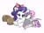 Size: 2409x1817 | Tagged: safe, alternate version, artist:opalacorn, rarity, sweetie belle, pony, unicorn, g4, alternate hairstyle, bag, belle sisters, cute, duo, duo female, female, filly, foal, hair over one eye, horn, inktober, inktober 2024, lidded eyes, lying down, map, mare, open mouth, open smile, prone, saddle bag, sibling love, siblings, simple background, sisterly love, sisters, smiling, white background