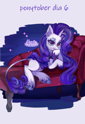 Size: 1984x2880 | Tagged: safe, artist:zackchibi, rarity, classical unicorn, pony, unicorn, g4, blood, clothes, colored hooves, costume, ear fluff, fainting couch, fangs, female, high res, hock fluff, hooves, horn, leonine tail, looking at you, lying down, mare, missing cutie mark, nightmare night costume, on side, ponytober, smiling, smiling at you, solo, unshorn fetlocks, vampire costume