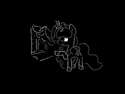 Size: 1440x1080 | Tagged: safe, artist:cloudsdalian, princess luna, alicorn, pony, g4, black background, curtains, female, magic, night, simple background, solo, telekinesis, window