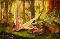 Size: 4000x2588 | Tagged: safe, artist:aquagalaxy, fluttershy, bird, pegasus, pony, g4, beautiful, female, flower, forest, grass, lying down, mare, nature, outdoors, prone, scenery, smiling, solo, spread wings, tail, tree, wings