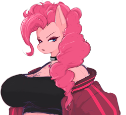 Size: 979x892 | Tagged: safe, artist:apple_somflo, artist:somflo, pinkie pie, earth pony, anthro, g4, big breasts, breasts, bust, busty pinkie pie, choker, clothes, eyeshadow, female, huge breasts, jacket, makeup, mare, narrowed eyes, off shoulder, simple background, solo, white background