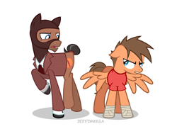 Size: 2000x1454 | Tagged: safe, artist:zeffdakilla, earth pony, pegasus, pony, g4, angry, bandage, clothes, disgusted, duo, duo male, father and child, father and son, looking at each other, looking at someone, male, mask, ponified, raised hoof, raised leg, scout, simple background, spread wings, spy, suit, team fortress 2, white background, wings