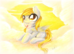 Size: 2295x1691 | Tagged: safe, artist:spidershii, derpy hooves, pegasus, pony, g4, cloud, ear fluff, envelope, eye clipping through hair, female, folded wings, holiday, letter, looking up, lying down, lying on a cloud, mare, mouth hold, on a cloud, outdoors, prone, solo, tail, traditional art, valentine's day, wings