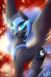 Size: 2000x3000 | Tagged: safe, artist:spidershii, nightmare moon, alicorn, pony, g4, concave belly, female, helmet, high res, horn, looking at you, magic, mare, slit pupils, smiling, smiling at you, smirk, solo, spread wings, wings