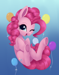 Size: 1668x2124 | Tagged: safe, artist:dusthiel, pinkie pie, earth pony, pony, g4, balloon, female, gradient background, looking at you, mare, one eye closed, open mouth, open smile, smiling, smiling at you, solo, underhoof, wink, winking at you