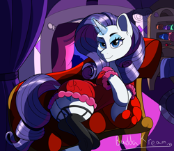 Size: 4600x4000 | Tagged: safe, artist:buddakream, rarity, pony, unicorn, g4, bathrobe, clothes, fainting couch, female, garter belt, glowing, glowing horn, horn, robe, solo, stockings, thigh highs