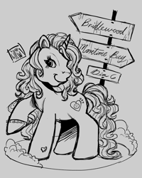 Size: 2160x2700 | Tagged: safe, artist:twillow, izzy moonbow, pony, unicorn, g3, g5, female, g5 to g3, generation leap, gray background, grayscale, high res, horn, looking at you, mare, monochrome, road sign, simple background, smiling, smiling at you, solo, unitober 2024