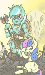 Size: 800x1333 | Tagged: safe, artist:shrimpshogun, bon bon, lyra heartstrings, sweetie drops, earth pony, pony, unicorn, g4, aftermath, arrow, axe, barbarian, belt, bipedal, blood, blood stains, boots, butt, conan the barbarian, dagger, duo, holding leg, horn, impalement, jewelry, jewels, loincloth, muscles, necklace, parody, scar, serious, serious face, shield, shoes, skull, sword, weapon