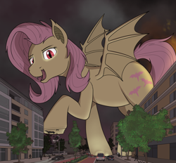 Size: 3358x3111 | Tagged: safe, artist:rapidstrike, fluttershy, bat pony, pony, series:giant flutterbat, g4, bat ponified, city, destruction, fangs, female, flutterbat, forked tongue, giant bat pony, giant pony, giantess, high res, kitchen eyes, looking at you, macro, mare, outdoors, race swap, sharp teeth, signature, solo, teeth, tongue out, underhoof