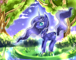 Size: 1500x1200 | Tagged: safe, artist:aquagalaxy, princess luna, alicorn, pony, g4, ethereal mane, ethereal tail, female, folded wings, glowing, grass, hoof shoes, horn, mare, outdoors, peytral, princess shoes, solo, tail, tree, wings