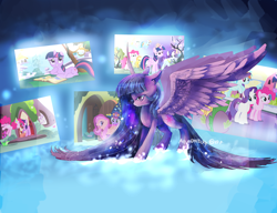 Size: 3000x2300 | Tagged: safe, artist:aquagalaxy, applejack, fluttershy, gummy, pinkie pie, rainbow dash, rarity, spike, twilight sparkle, alicorn, pony, unicorn, friendship is magic, g4, luna eclipsed, party of one, princess twilight sparkle (episode), the crystal empire, big crown thingy, butt, crystal empire, element of generosity, element of honesty, element of kindness, element of laughter, element of loyalty, element of magic, elements of harmony, female, high res, horn, immortality blues, jewelry, large wings, long horn, long mane, long tail, magic, magic aura, mane six, mare, plot, regalia, solo, spread wings, tail, twilight sparkle (alicorn), twilight will outlive her friends, unicorn twilight, wings