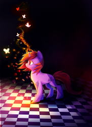 Size: 1300x1800 | Tagged: safe, artist:aquagalaxy, oc, oc only, oc:dawnfire, butterfly, pony, unicorn, checkered floor, female, glowing, glowing horn, horn, magic, mare, solo, unicorn oc