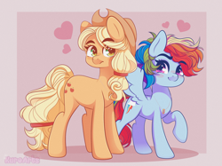 Size: 2732x2048 | Tagged: safe, artist:kuroartss, applejack, rainbow dash, earth pony, pegasus, pony, g4, applejack's hat, blush sticker, blushing, cowboy hat, duo, duo female, eyebrows, eyebrows visible through hair, female, hat, heart, heart eyes, high res, lesbian, mare, passepartout, ponytober, ponytober 2024, raised hoof, ship:appledash, shipping, smiling, spread wings, tail, wingding eyes, wings