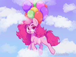 Size: 2732x2048 | Tagged: safe, artist:kuroartss, pinkie pie, earth pony, pony, g4, balloon, cloud, ear fluff, female, floating, heart, heart eyes, high res, mare, open mouth, open smile, outdoors, sky, smiling, solo, then watch her balloons lift her up to the sky, wingding eyes