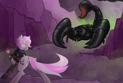 Size: 1280x860 | Tagged: safe, artist:spoopy-abby, oc, oc only, oc:hired gun, earth pony, pony, scorpion, fallout equestria, fallout equestria: heroes, battle saddle, cybernetic legs, earth pony oc, fanfic art, female, female oc, flamethrower, giant scorpion, looking at each other, looking at someone, mare, mare oc, outdoors, prosthetic eye, prosthetics, raised hoof, solo, torn ear, weapon