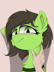 Size: 1200x1600 | Tagged: safe, artist:門久, oc, oc only, oc:filly anon, human, pony, blushing, cheek fluff, fangs, female, filly, hand, human on pony petting, offscreen character, one ear down, petting