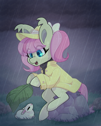 Size: 2000x2500 | Tagged: safe, artist:lionbun, angel bunny, fluttershy, oc, oc:june breeze, earth pony, pony, rabbit, g4, animal, baby bunny, child, cute, duo, ear tufts, earth pony fluttershy, eye clipping through hair, eyebrows, eyebrows visible through hair, female, filly, foal, leaf, open mouth, outdoors, race swap, rain, raincoat, redesign, sitting, stormy, wholesome