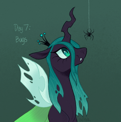 Size: 856x864 | Tagged: safe, artist:beyhr, queen chrysalis, changeling, changeling queen, spider, g4, big eyes, black body, changeling horn, changeling wings, colored pupils, crown, cute, cute little fangs, eyelashes, fangs, gradient background, gradient mane, green eyes, green mane, green pupils, green text, half body, horn, insect wings, jewelry, long mane, looking at something, ponytober, ponytober 2024, profile, regalia, signature, slit pupils, smiling, smiling at something, solo, spread wings, textured background, thick horn, wings