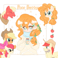 Size: 985x985 | Tagged: safe, artist:atism62355, apple bloom, applejack, big macintosh, bright mac, pear butter, earth pony, human, pony, g4, apple, blushing, bow, bust, clothes, eyes closed, female, filly, flower, flower in hair, foal, food, hair bow, hat, humanized, joke, male, mare, passepartout, pear jam, scarf, smiling, sparkles, stallion, sweater, text, unshorn fetlocks, upper body