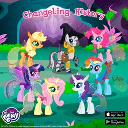 Size: 1080x1080 | Tagged: safe, gameloft, applejack, fluttershy, pinkie pie, rainbow dash, rarity, twilight sparkle, zecora, changedling, changeling, zebra, g4, my little pony: magic princess, appleling, bag, book, changedlingified, changeling mane six, changelingified, dashling, flutterling, game screencap, hat, mane six, outdoors, pinkling, rariling, saddle bag, species swap, twiling, witch hat