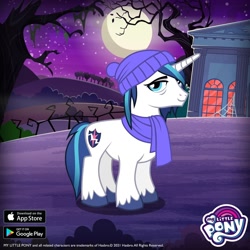 Size: 1080x1080 | Tagged: safe, gameloft, idw, shining armor, pony, unicorn, g4, my little pony: magic princess, reflections, spoiler:comic, alternate cutie mark, clothes, game screencap, hat, horn, mirror universe, moon, night, outdoors, scarf, solo, tired