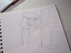 Size: 8160x6144 | Tagged: safe, artist:harmonicglow, oc, oc only, oc:savoy truffle, pony, door, doorway, female, mare, monochrome, pencil drawing, solo, traditional art